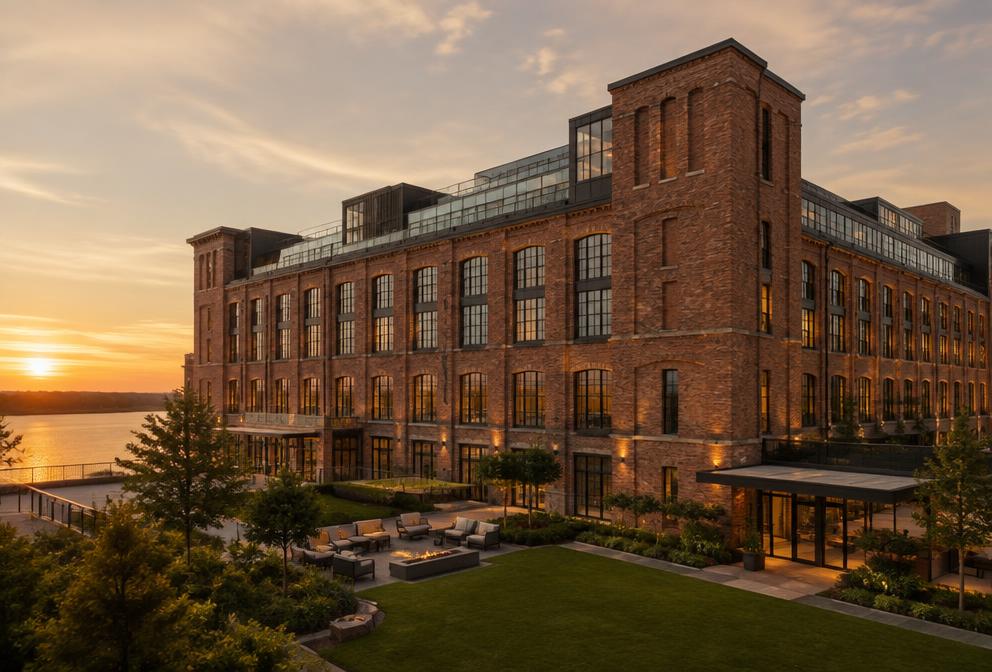 Restored brick industrial building converted to a premium mixed-use property at dusk
